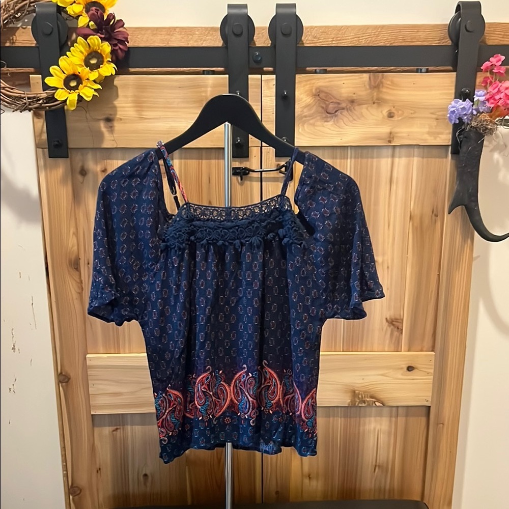 Rue21 Navy Off the Shoulder Blouse with Red and Pink Patterns and Crochett Trim